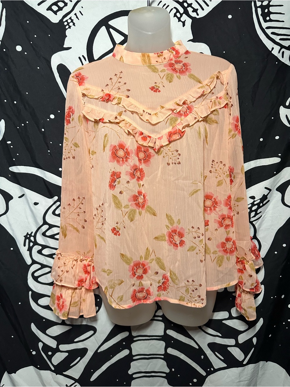 Arizona Jean Company Peach Floral Ruffle High-Neck Blouse